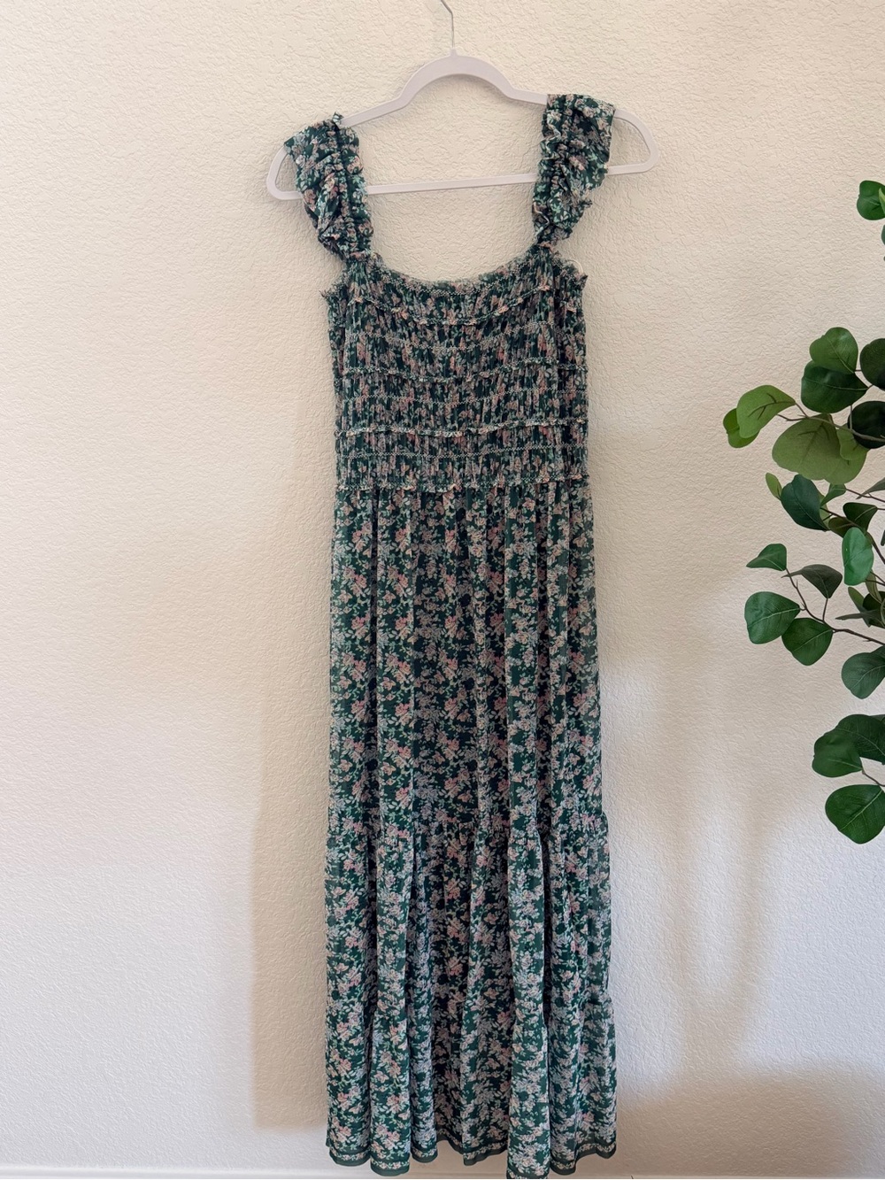 Max Studio Green Floral Smocked Maxi Dress with Ruffle Straps